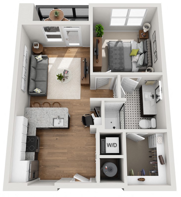 Floor plan for 1 bed, 1 bath, 657 sqft